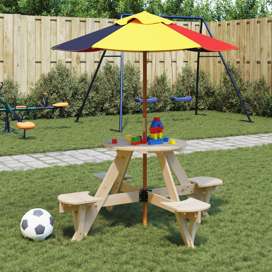 Picknicktafel voor 4 kinderen met parasol rond vurenhout