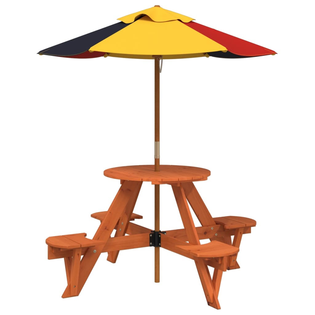 Picknicktafel voor 4 kinderen met parasol rond vurenhout