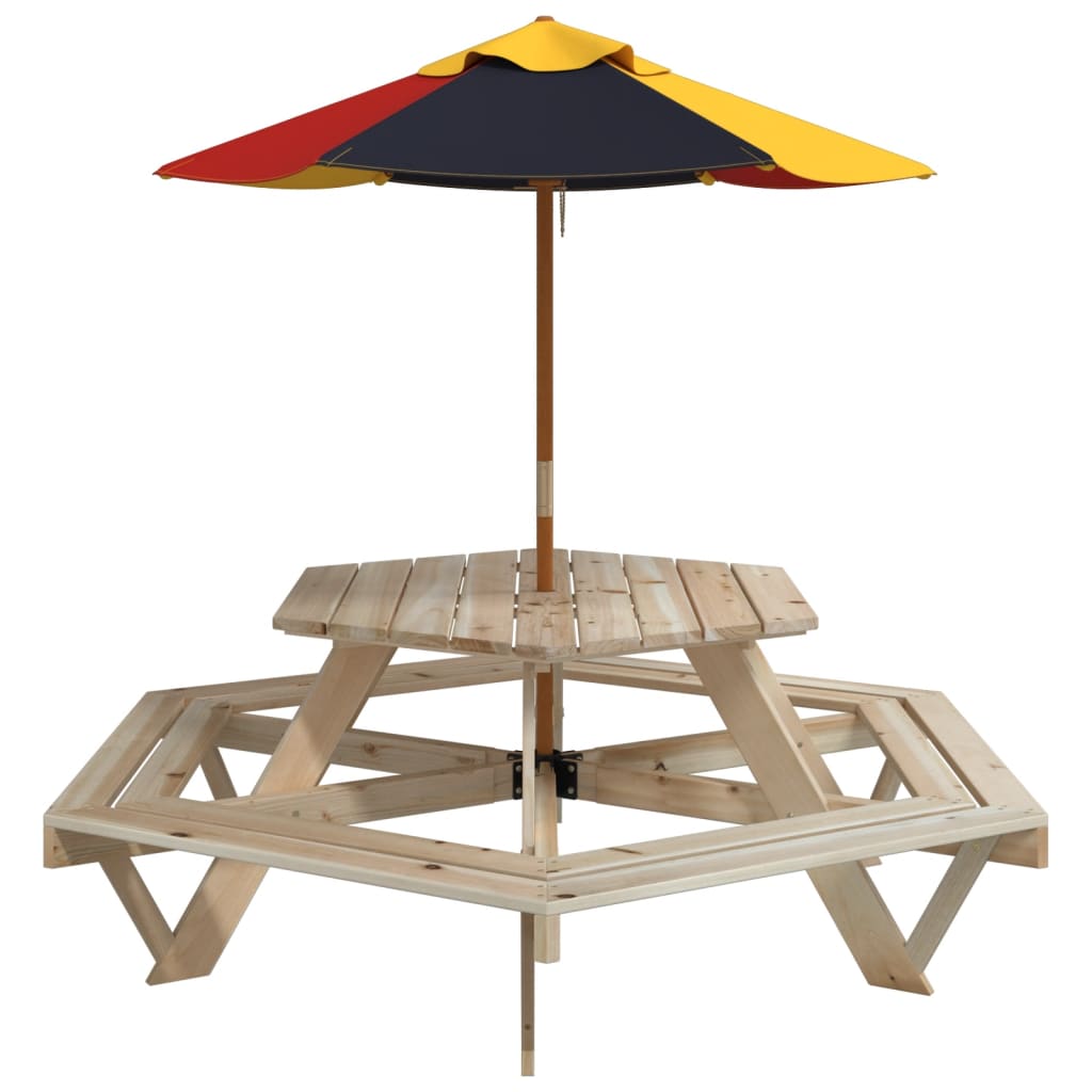 Picknicktafel voor 4 kinderen met parasol zeshoekig vurenhout