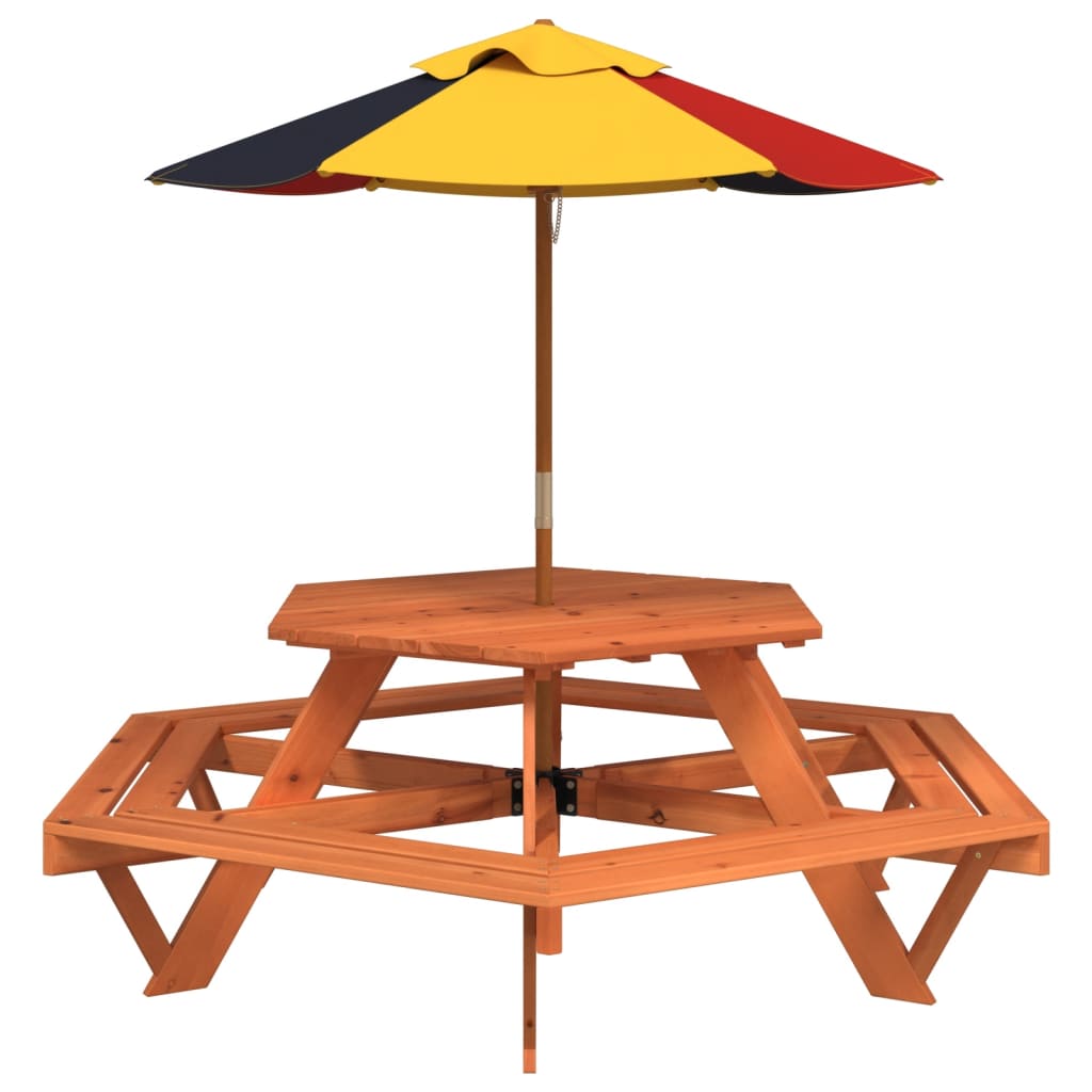 Picknicktafel voor 4 kinderen met parasol zeshoekig vurenhout