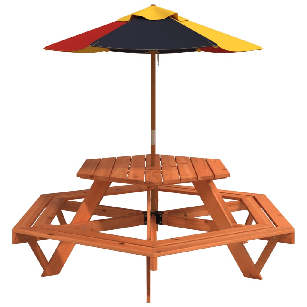 Picknicktafel voor 4 kinderen met parasol zeshoekig vurenhout