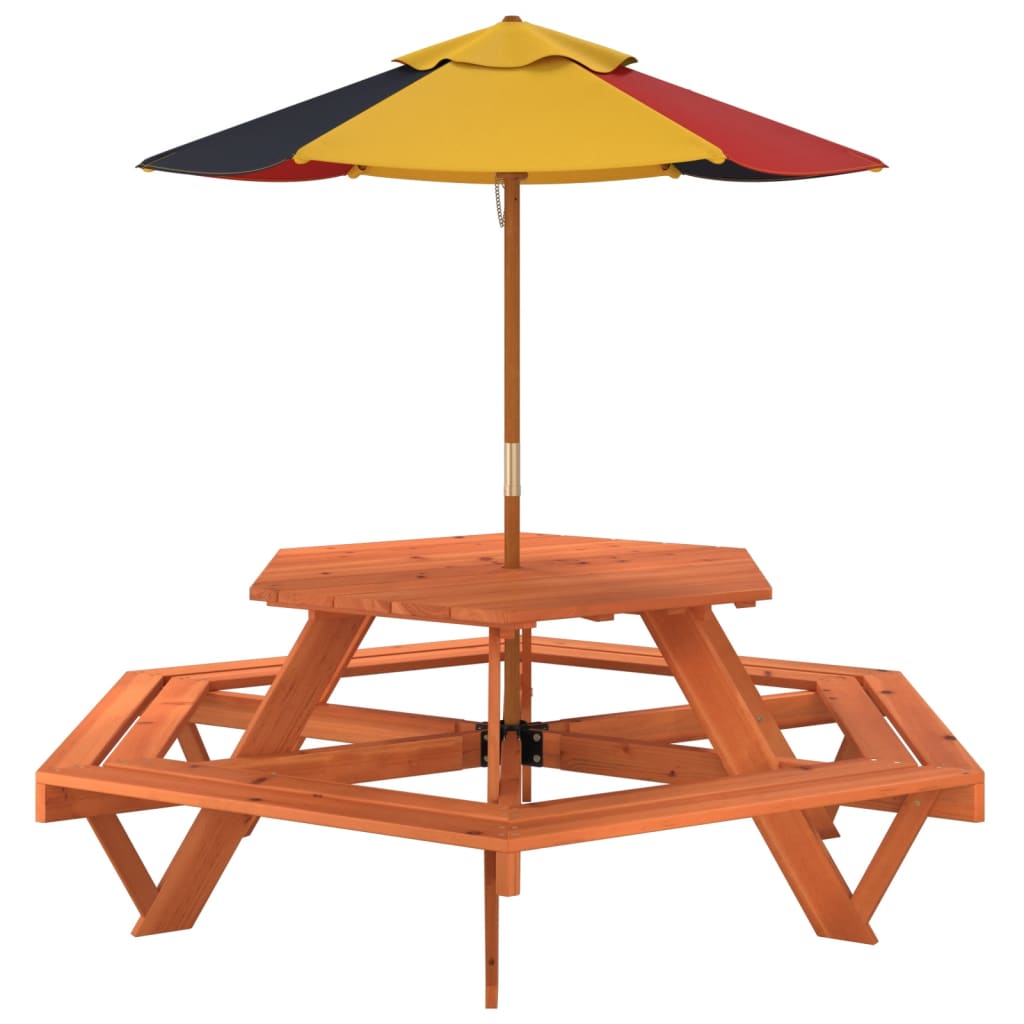 Picknicktafel voor 4 kinderen met parasol zeshoekig vurenhout