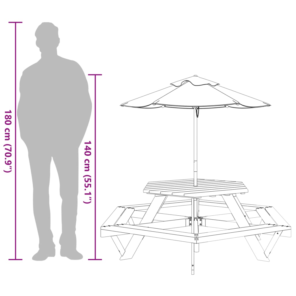 Picknicktafel voor 4 kinderen met parasol zeshoekig vurenhout