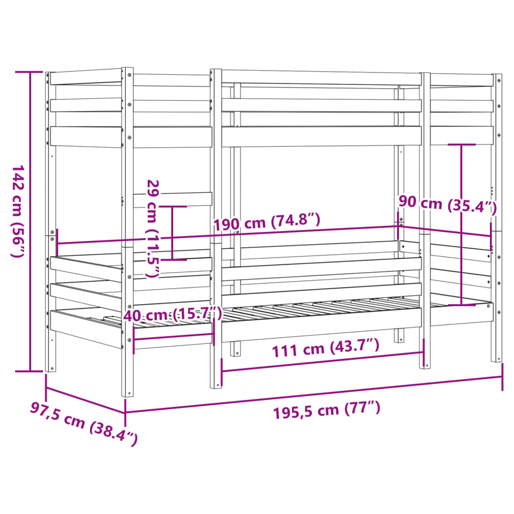 Stapelbed massief grenenhout wasbruin 90x190 cm