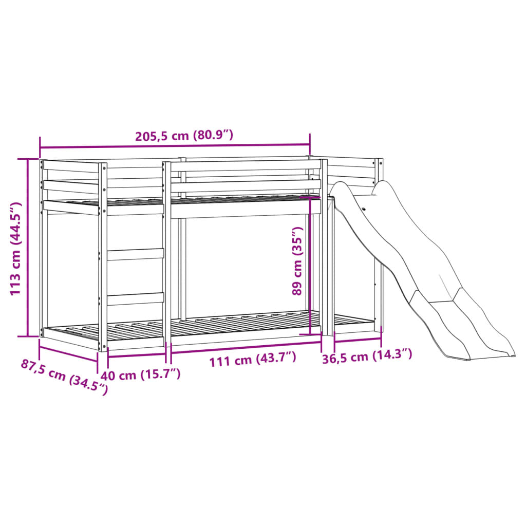 Stapelbed met glijbaan en ladder grenenhout wit 80x200 cm