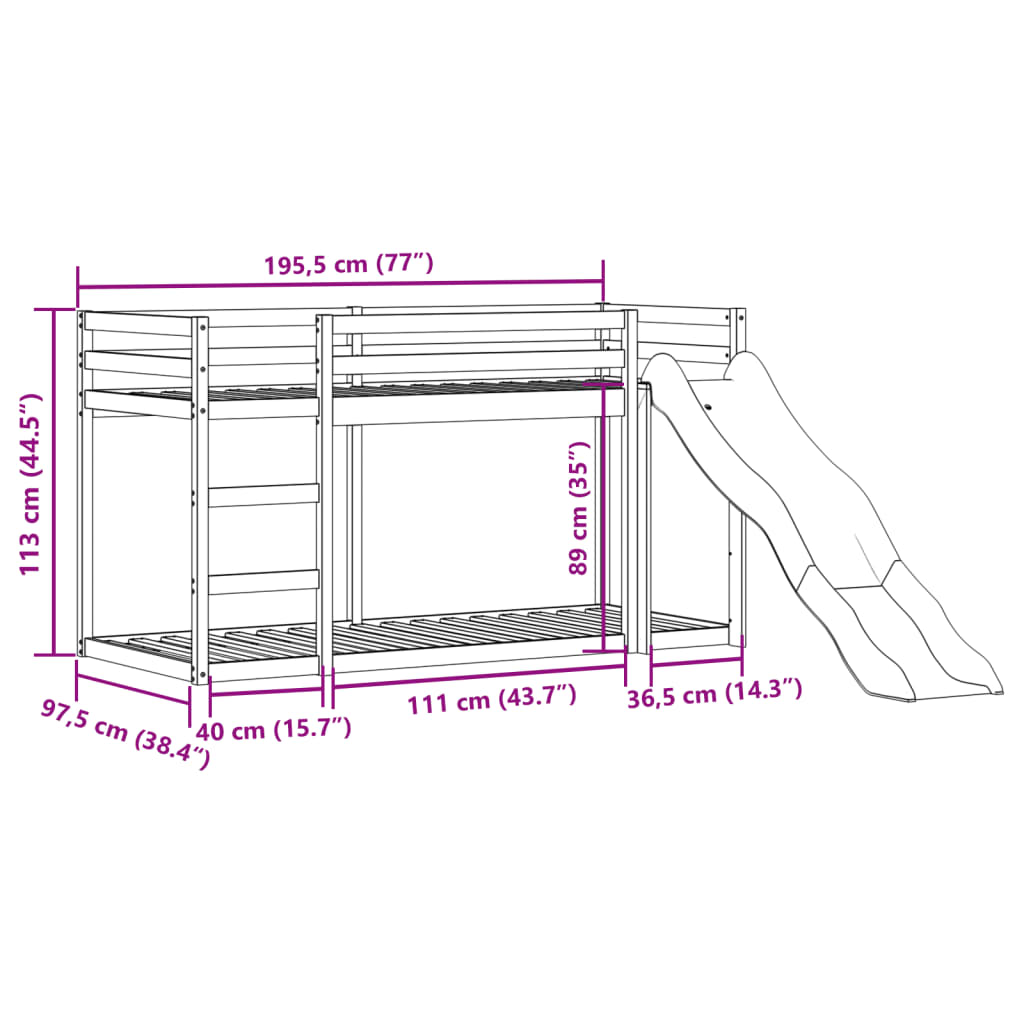 Stapelbed met glijbaan en ladder grenenhout wit 90x190 cm