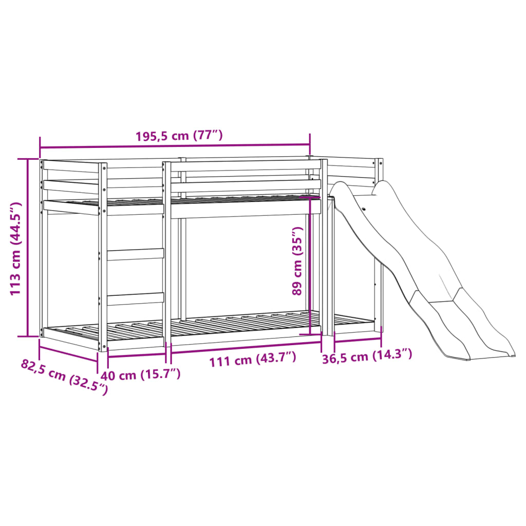 Stapelbed met glijbaan en ladder grenenhout wit 75x190 cm