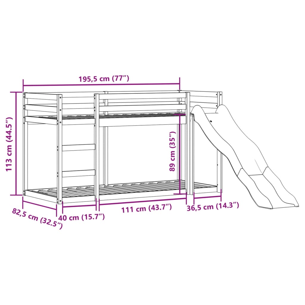 Stapelbed met glijbaan en ladder grenenhout wasbruin 75x190 cm