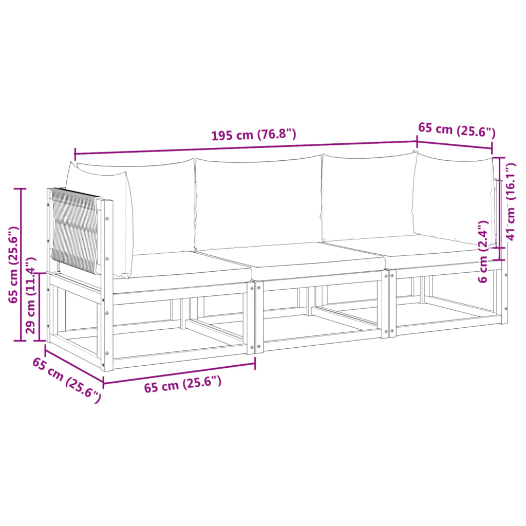 3-delige Loungeset met kussens massief acaciahout