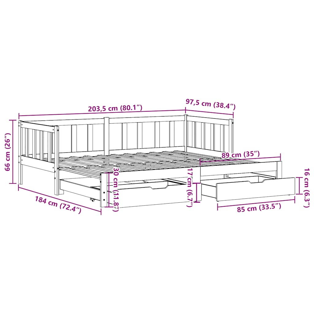 Slaapbank met onderschuifbed/lades zonder matras 90x200 cm wit