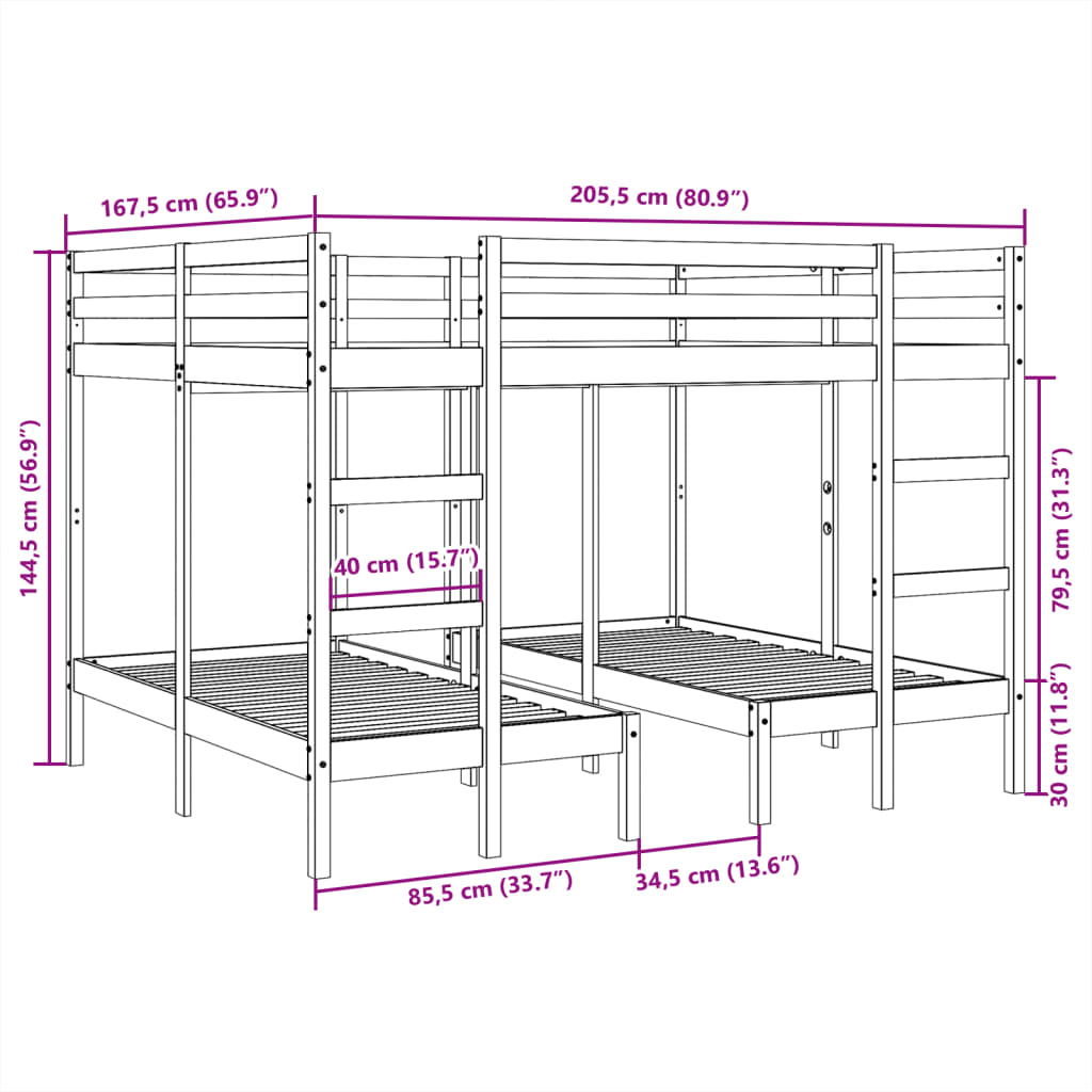 Stapelbed 3-voudig grenenhout wasbruin 160x200/80x160 cm