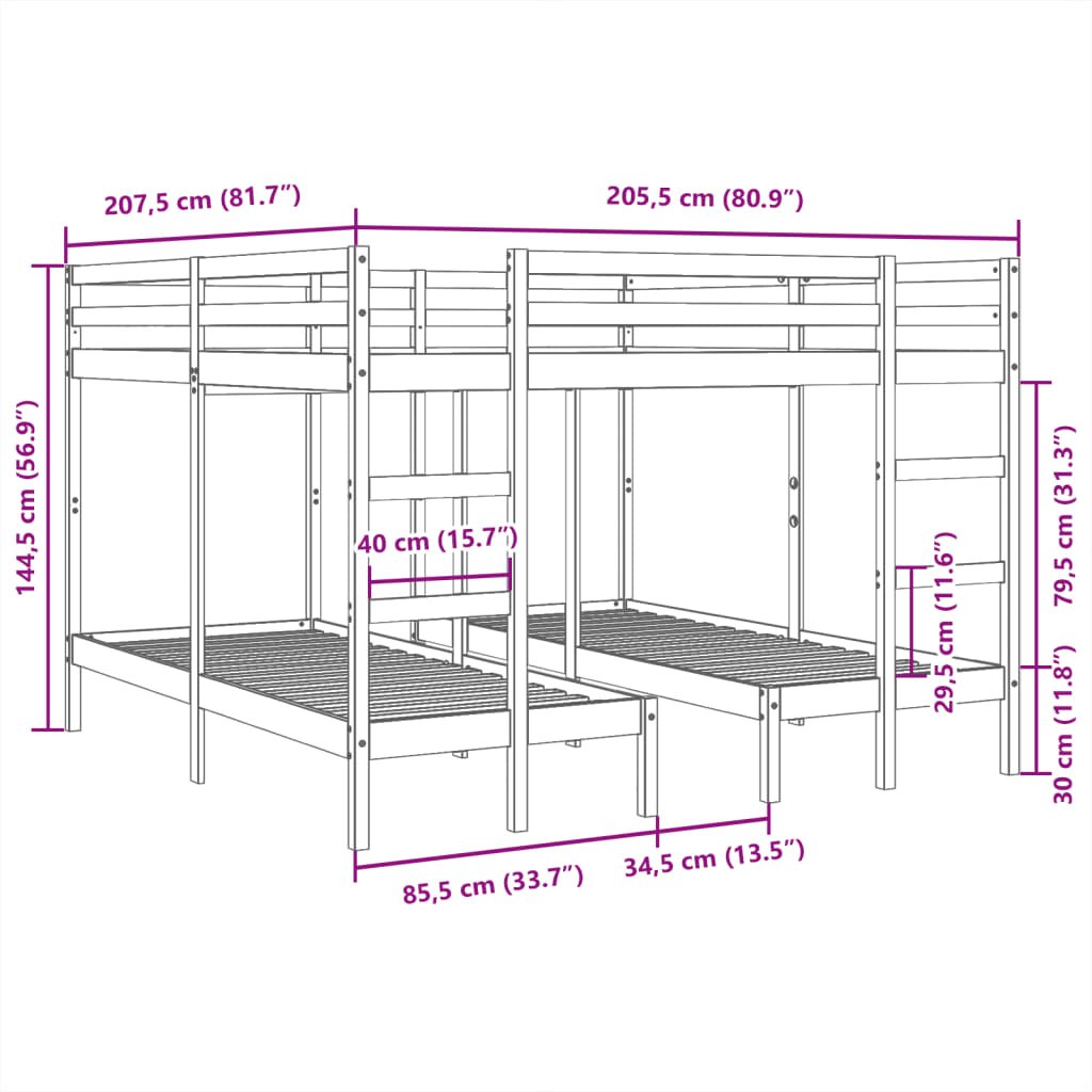 Stapelbed 3-voudig grenenhout wasbruin 200x200/80x200 cm