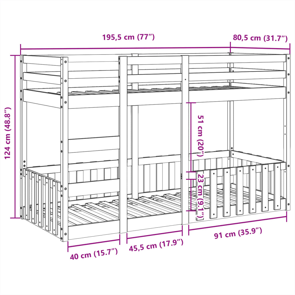 Stapelbed massief grenenhout 75x190 cm