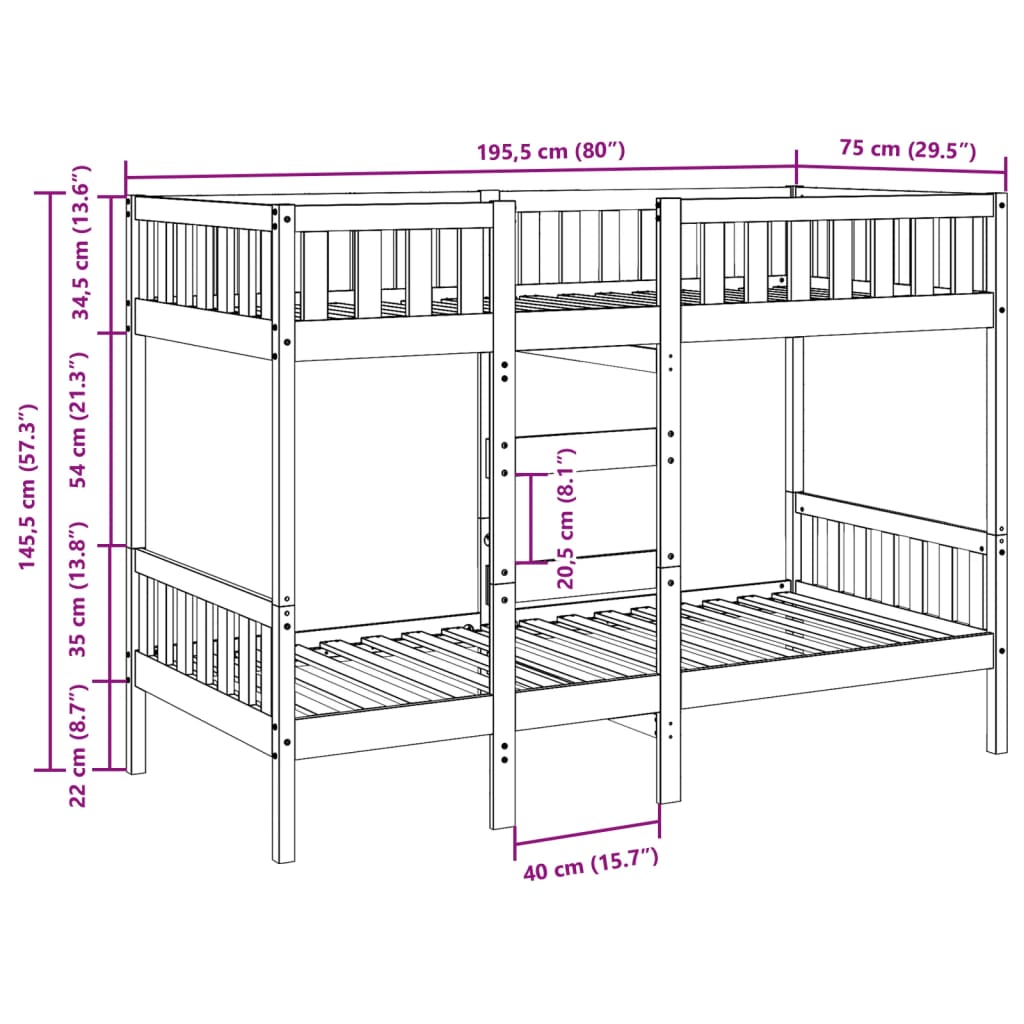 Stapelbed massief grenenhout 75x190 cm