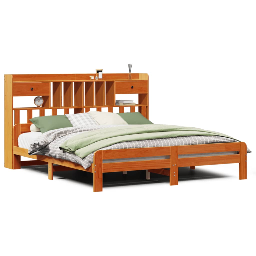 Bed met boekenkast zonder matras grenenhout wasbruin 200x200 cm