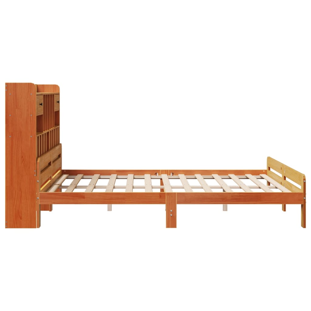 Bed met boekenkast zonder matras grenenhout wasbruin 200x200 cm