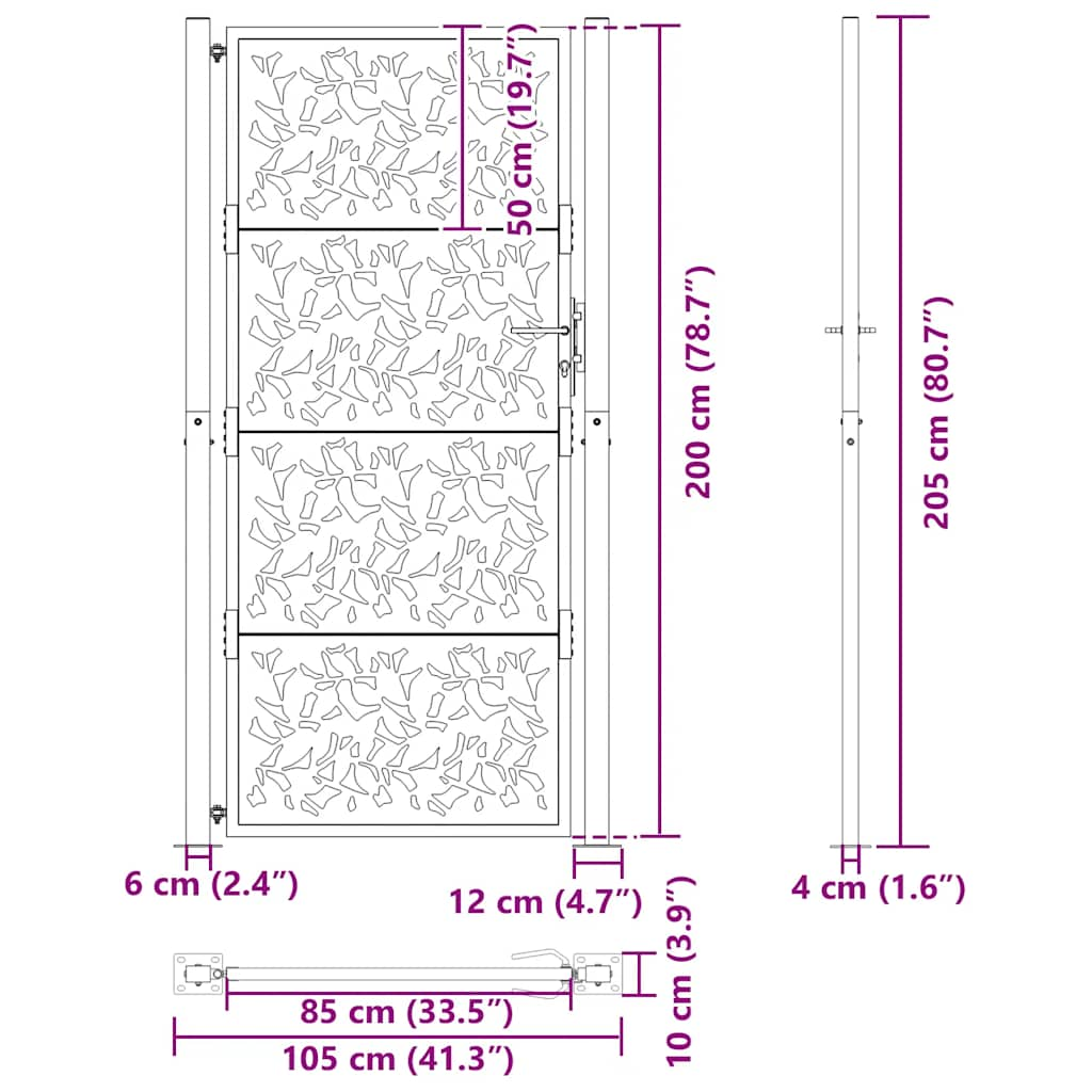 Poort met bladontwerp 105x205 cm staal zwart