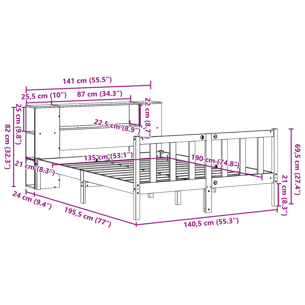 Bed met boekenkast zonder matras grenenhout wit 135x190 cm