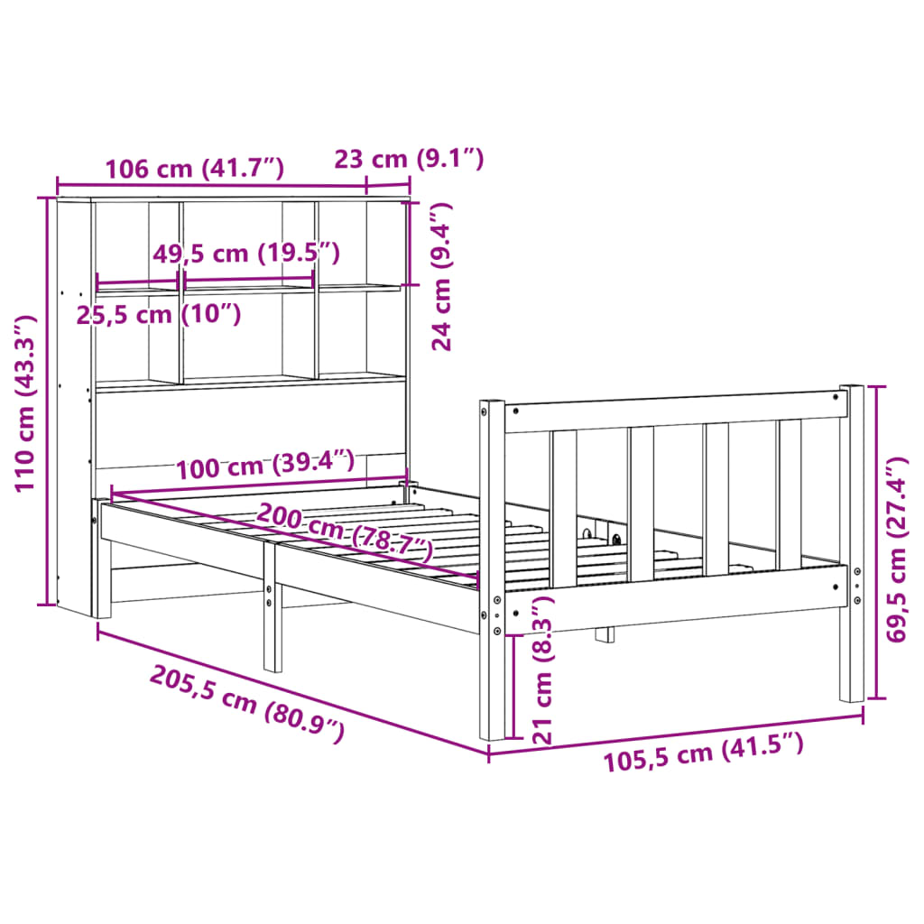 Bed met boekenkast zonder matras massief grenenhout 100x200 cm