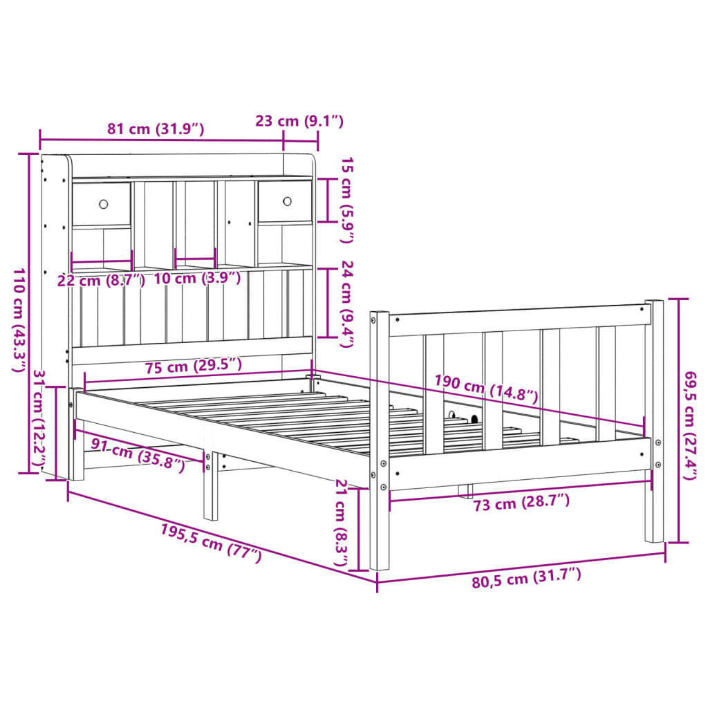 Bed met boekenkast zonder matras grenenhout wit 75x190 cm