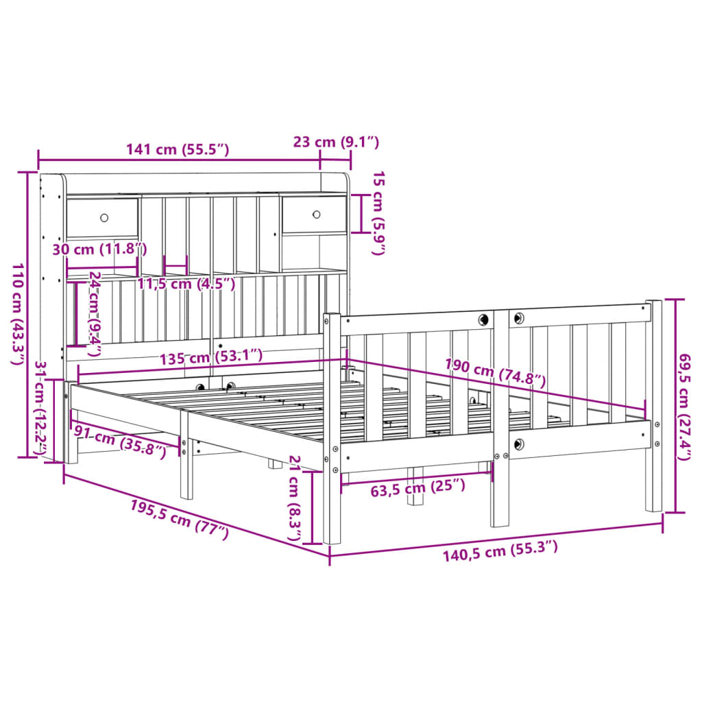 Bed met boekenkast zonder matras grenenhout wit 135x190 cm