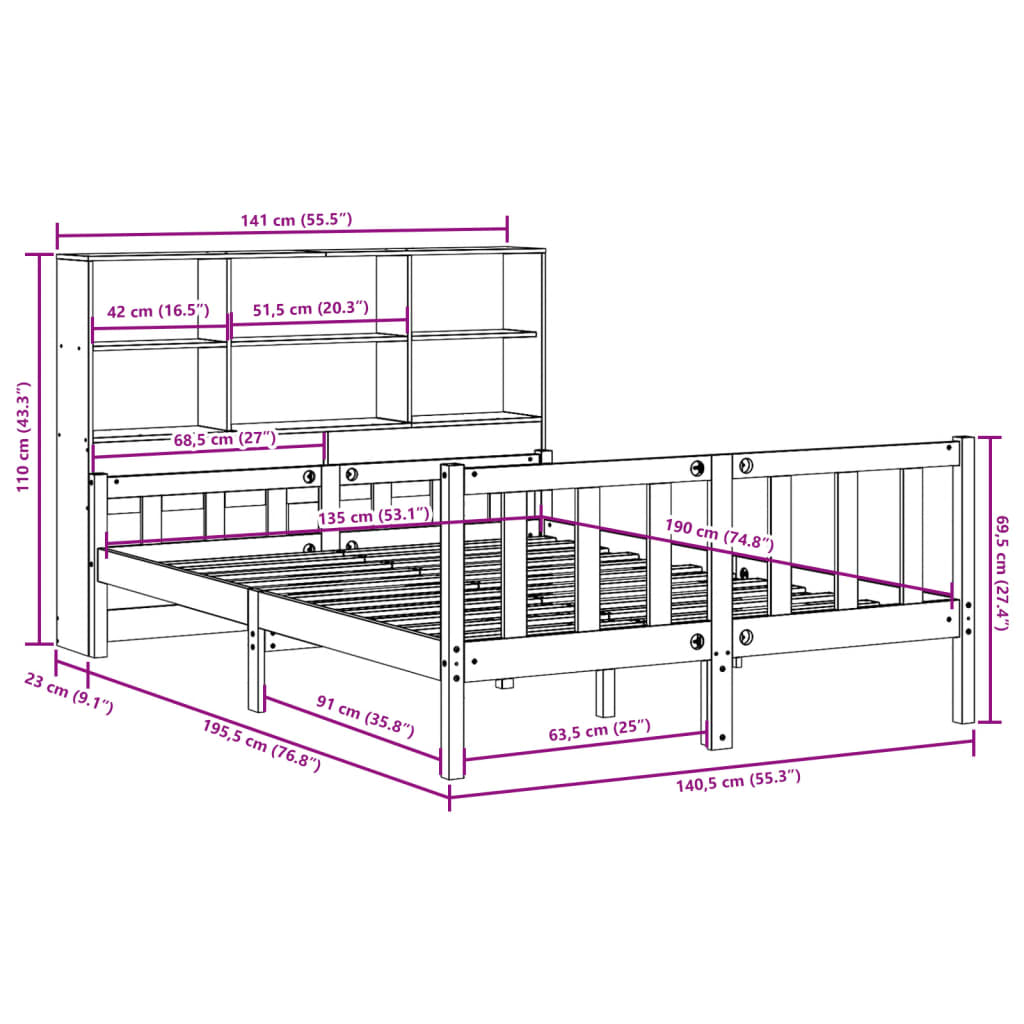 Bed met boekenkast zonder matras grenenhout wit 135x190 cm