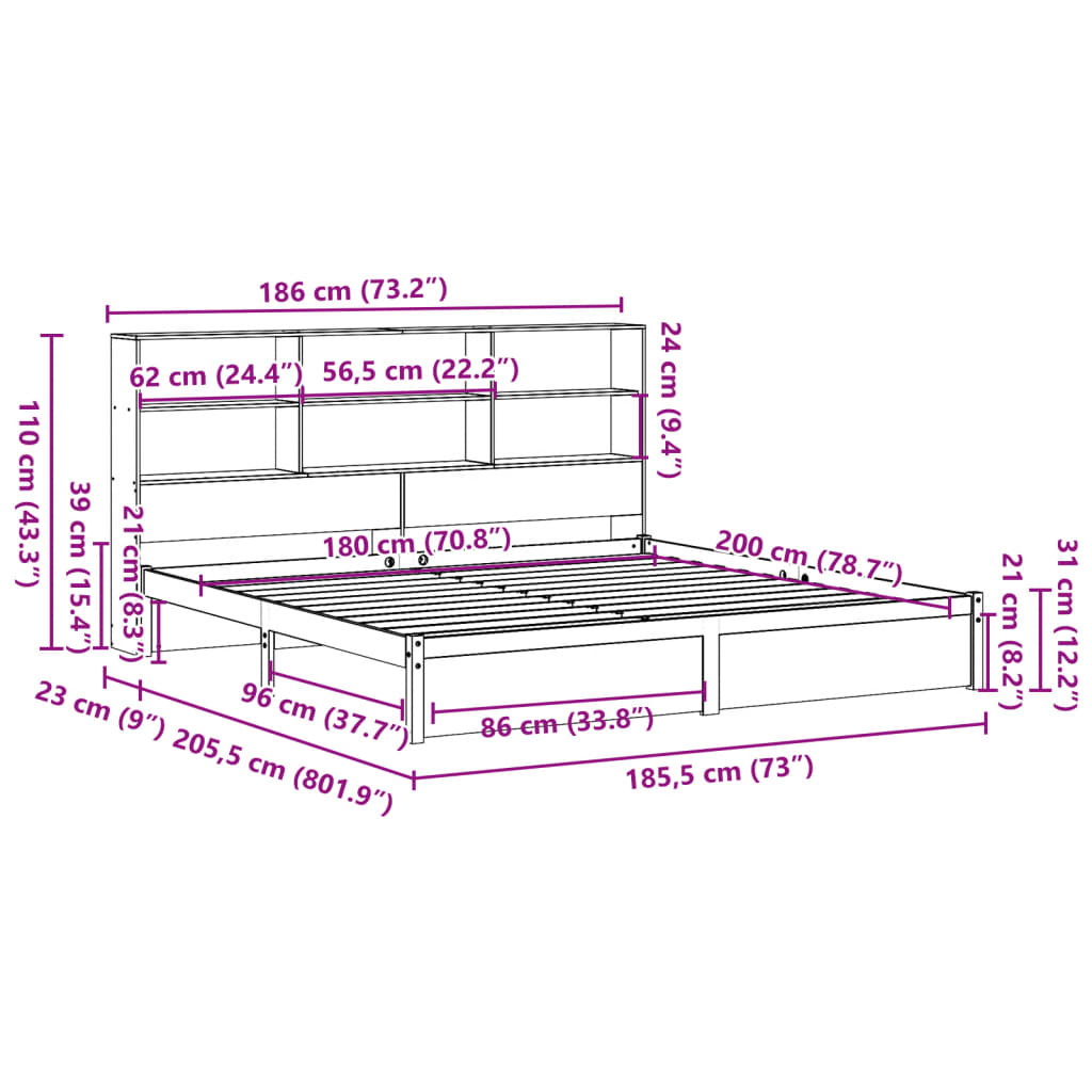 Bed met boekenkast zonder matras massief grenenhout 180x200 cm