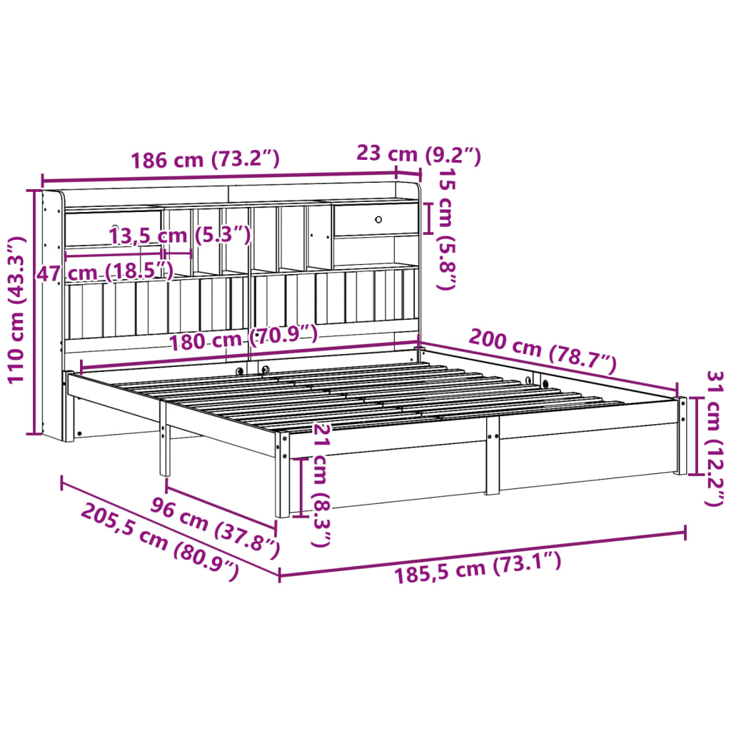 Bed met boekenkast zonder matras massief grenenhout 180x200 cm