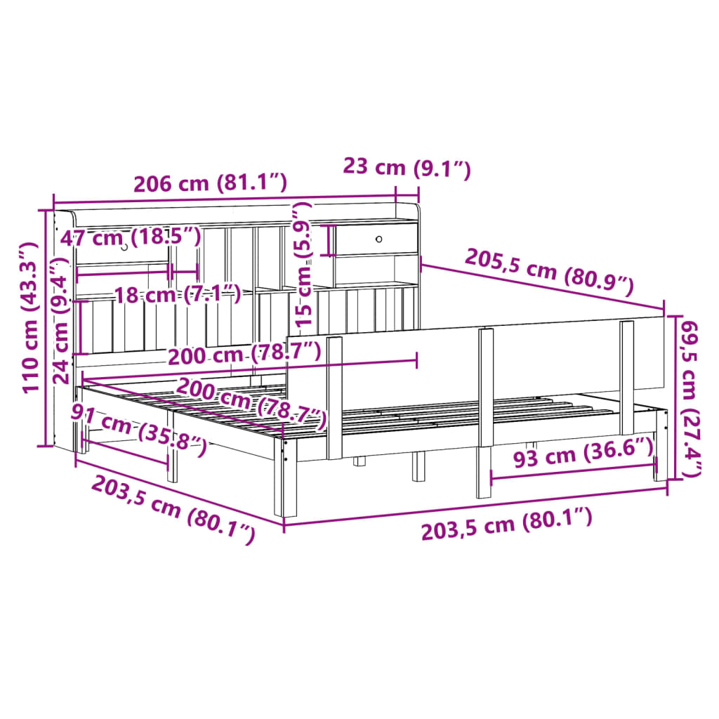 Bed met boekenkast zonder matras grenenhout wit 200x200 cm