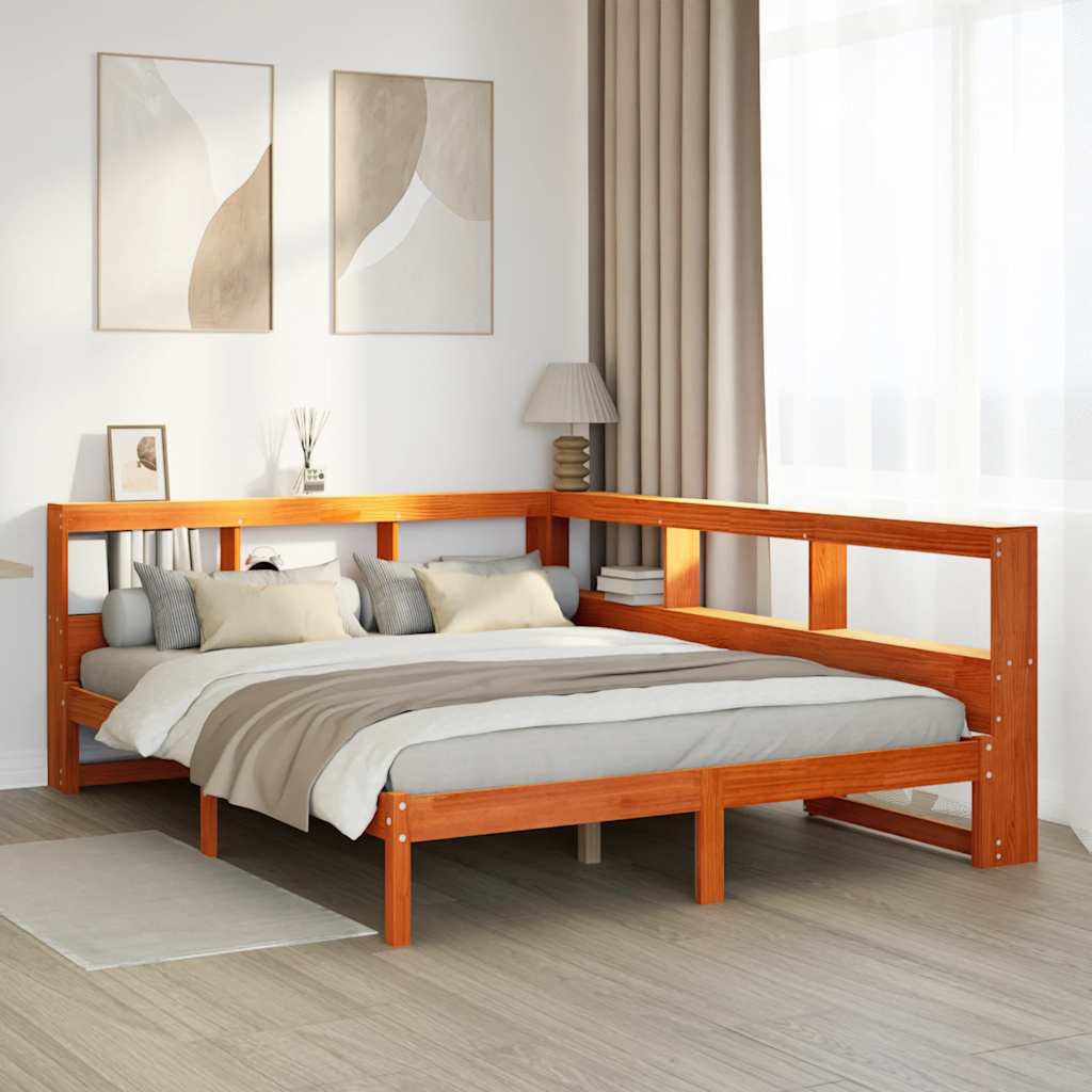 Bed met boekenkast zonder matras grenenhout wasbruin 140x200 cm