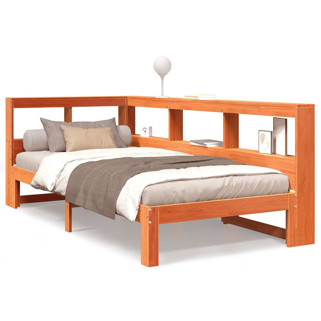 Bed met boekenkast zonder matras grenenhout wasbruin 75x190 cm