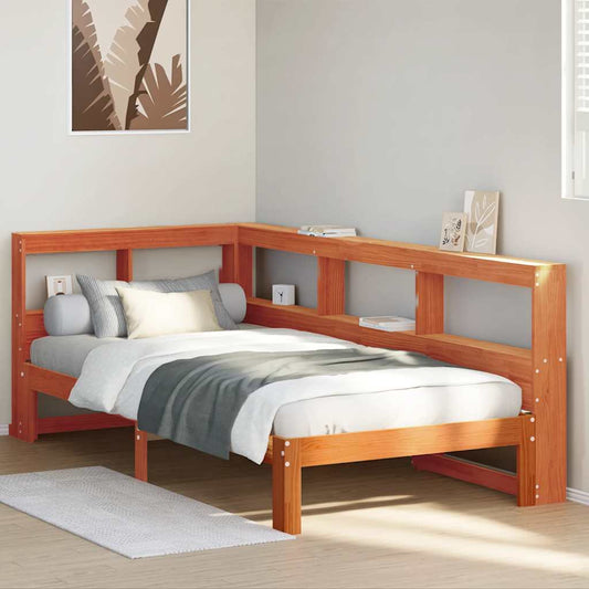 Bed met boekenkast zonder matras grenenhout wasbruin 75x190 cm