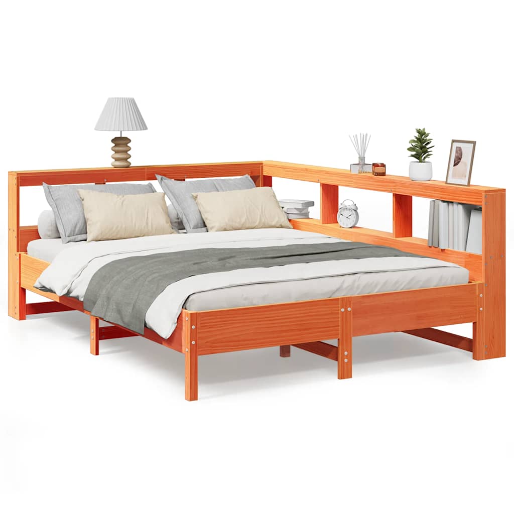 Bed met boekenkast zonder matras grenenhout wasbruin 140x190 cm