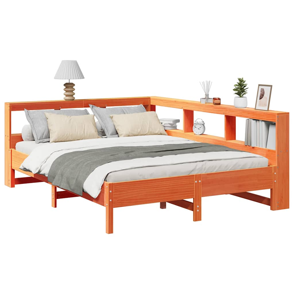 Bed met boekenkast zonder matras grenenhout wasbruin 140x190 cm