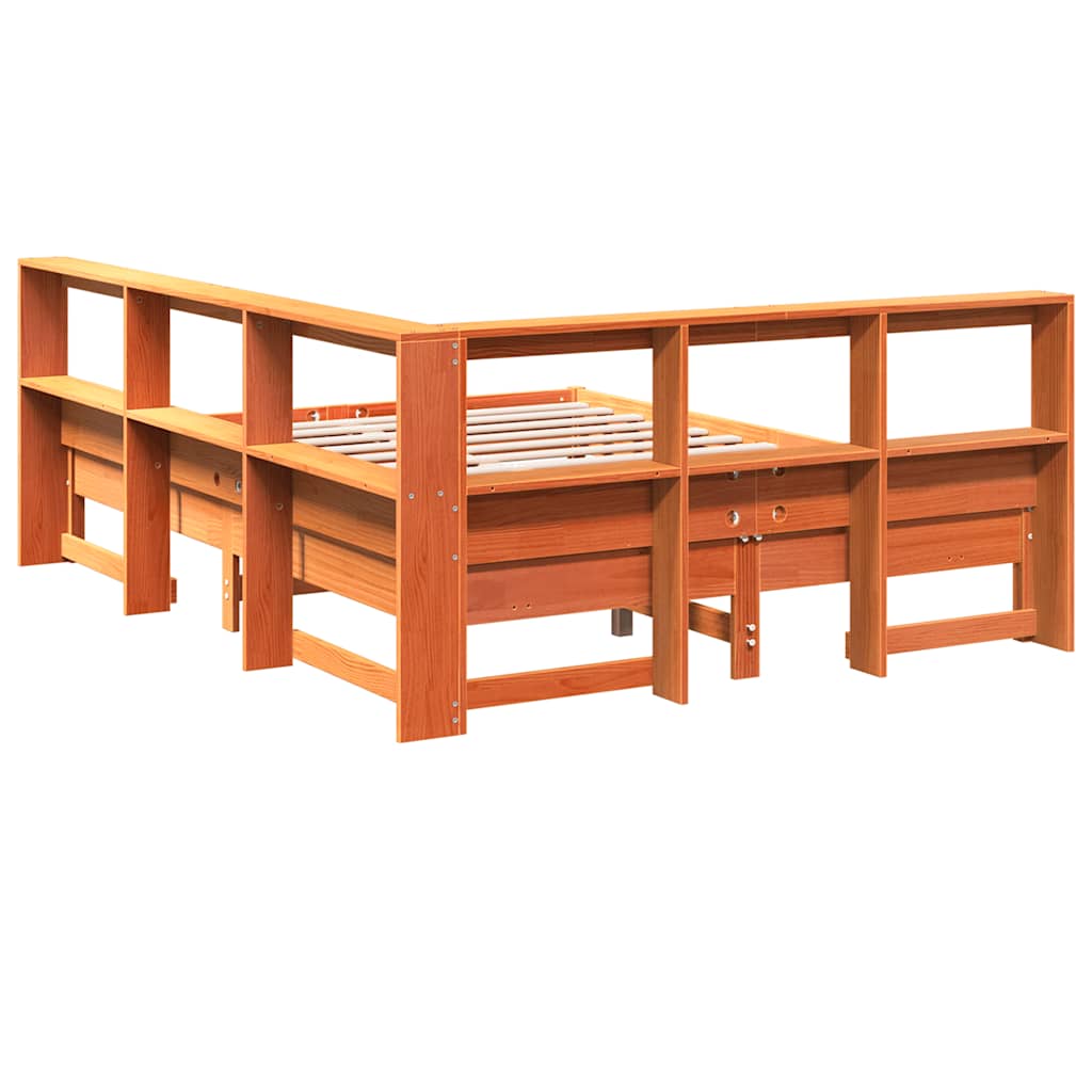 Bed met boekenkast zonder matras grenenhout wasbruin 140x190 cm