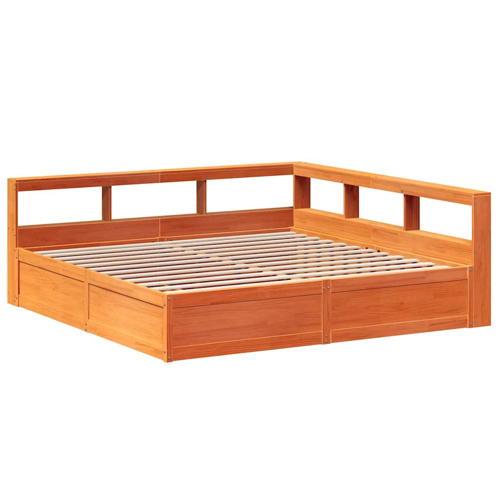 Bed met boekenkast zonder matras grenenhout wasbruin 200x200 cm