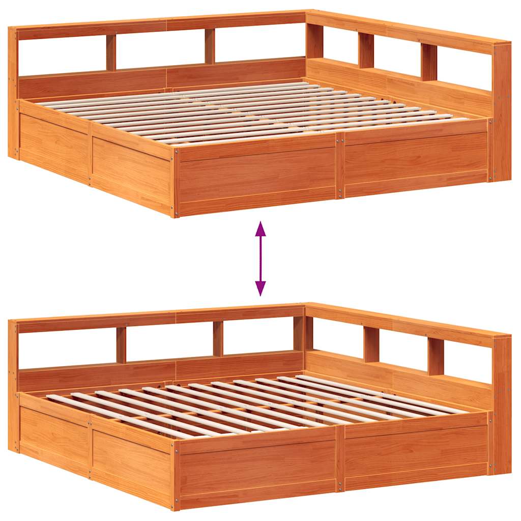 Bed met boekenkast zonder matras grenenhout wasbruin 200x200 cm