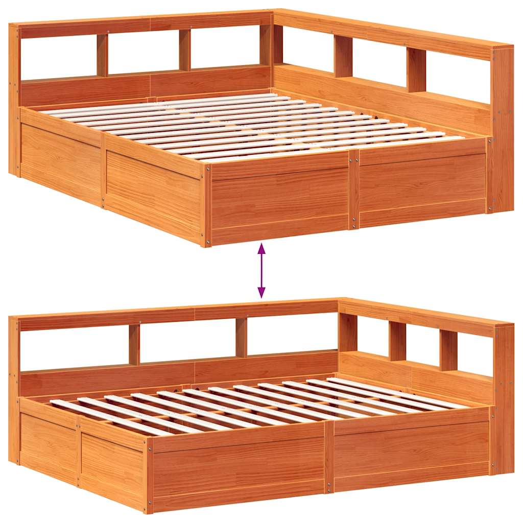 Bed met boekenkast zonder matras grenenhout wasbruin 150x200 cm