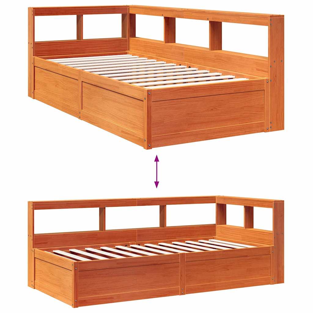 Bed met boekenkast zonder matras grenenhout wasbruin 90x190 cm