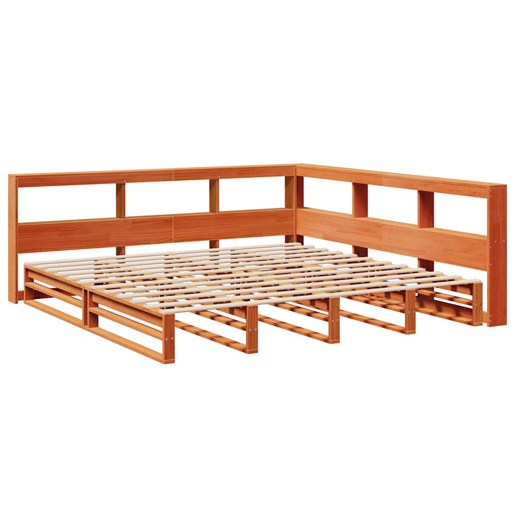 Bed met boekenkast zonder matras grenenhout wasbruin 200x200 cm