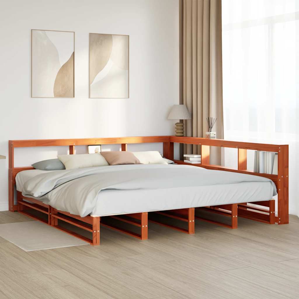 Bed met boekenkast zonder matras grenenhout wasbruin 200x200 cm