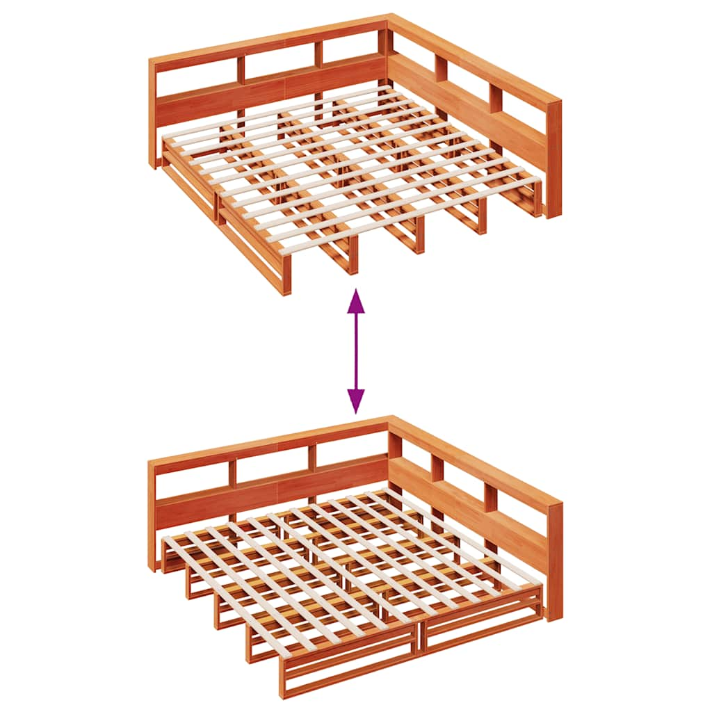 Bed met boekenkast zonder matras grenenhout wasbruin 200x200 cm