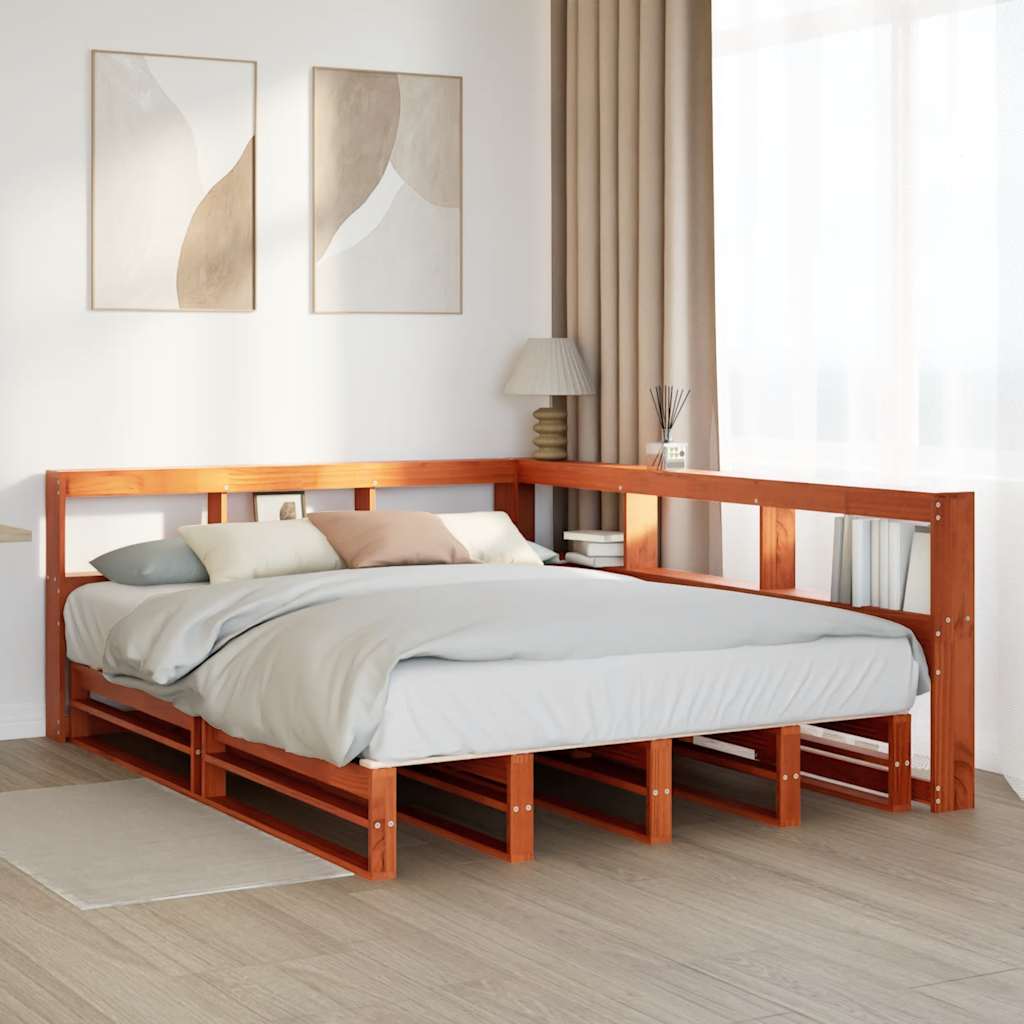 Bed met boekenkast zonder matras grenenhout wasbruin 160x200 cm